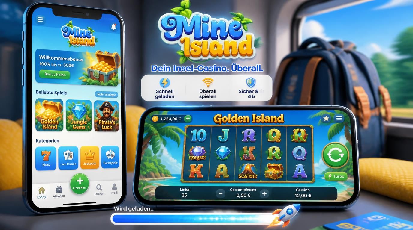 Smartphone zeigt Mine Island in Hoch- und Querformat mit auffälligen Buttons