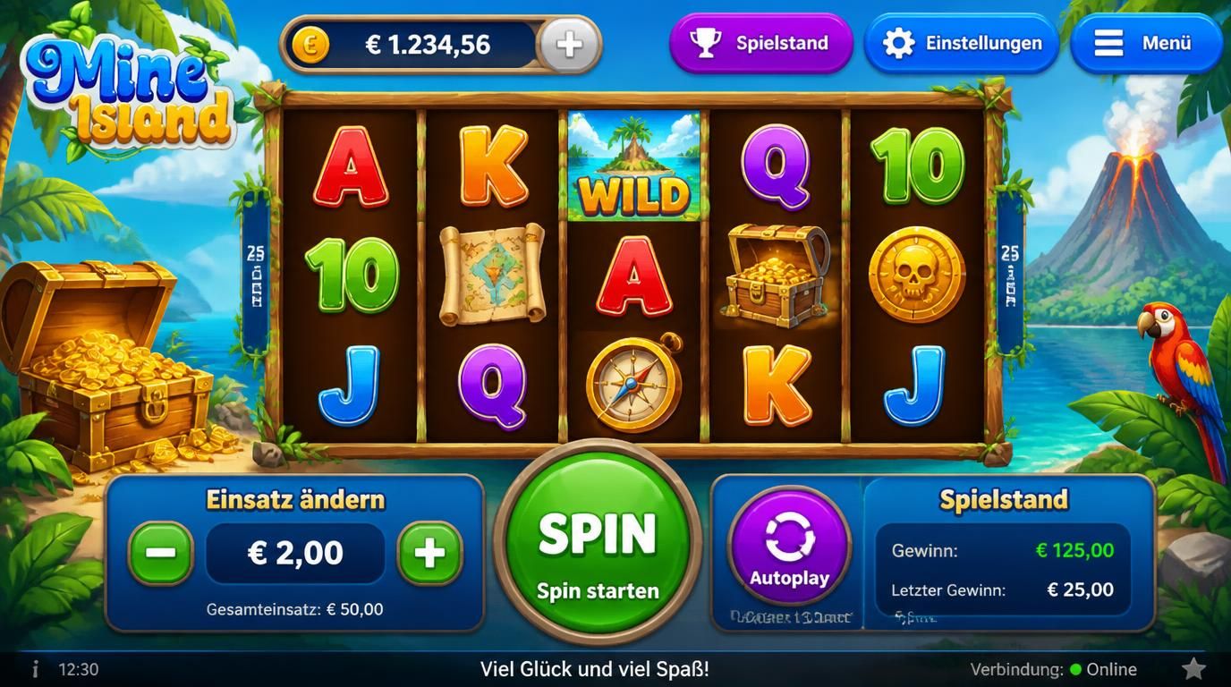 Benutzer sieht ein übersichtliches Slot-Interface mit tropischem Inselhintergrund, großen Buttons und klarer Anzeige von Einsatz, Gewinn und Risiko