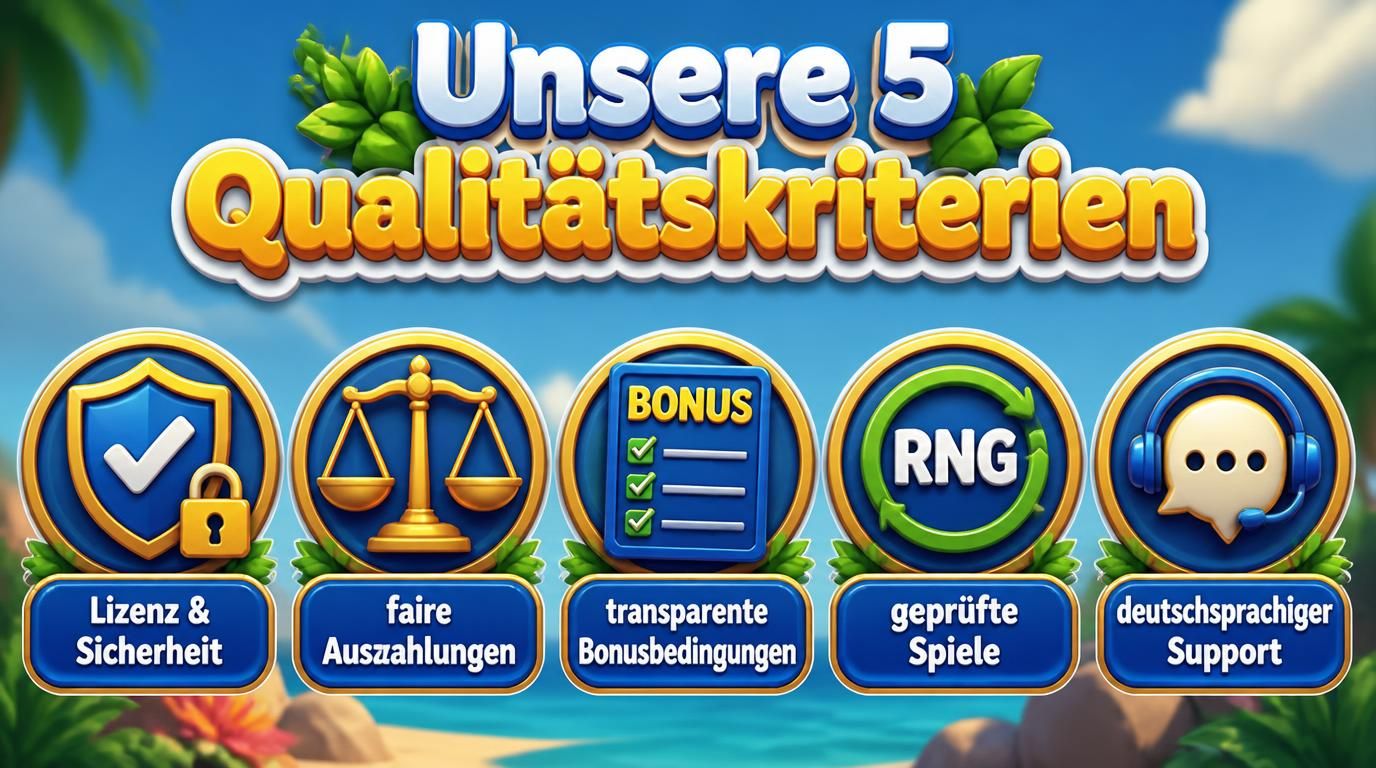 Bild stellt fünf klar getrennte Kriterien mit Symbolen dar, optisch sauber und informativ