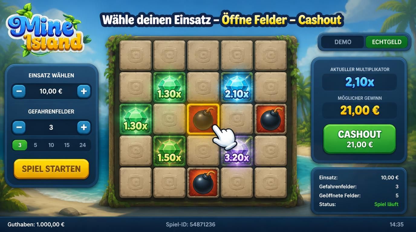 Bild bietet schnelle Übersicht zu den Vorteilen von Mine Island in grafischer Form