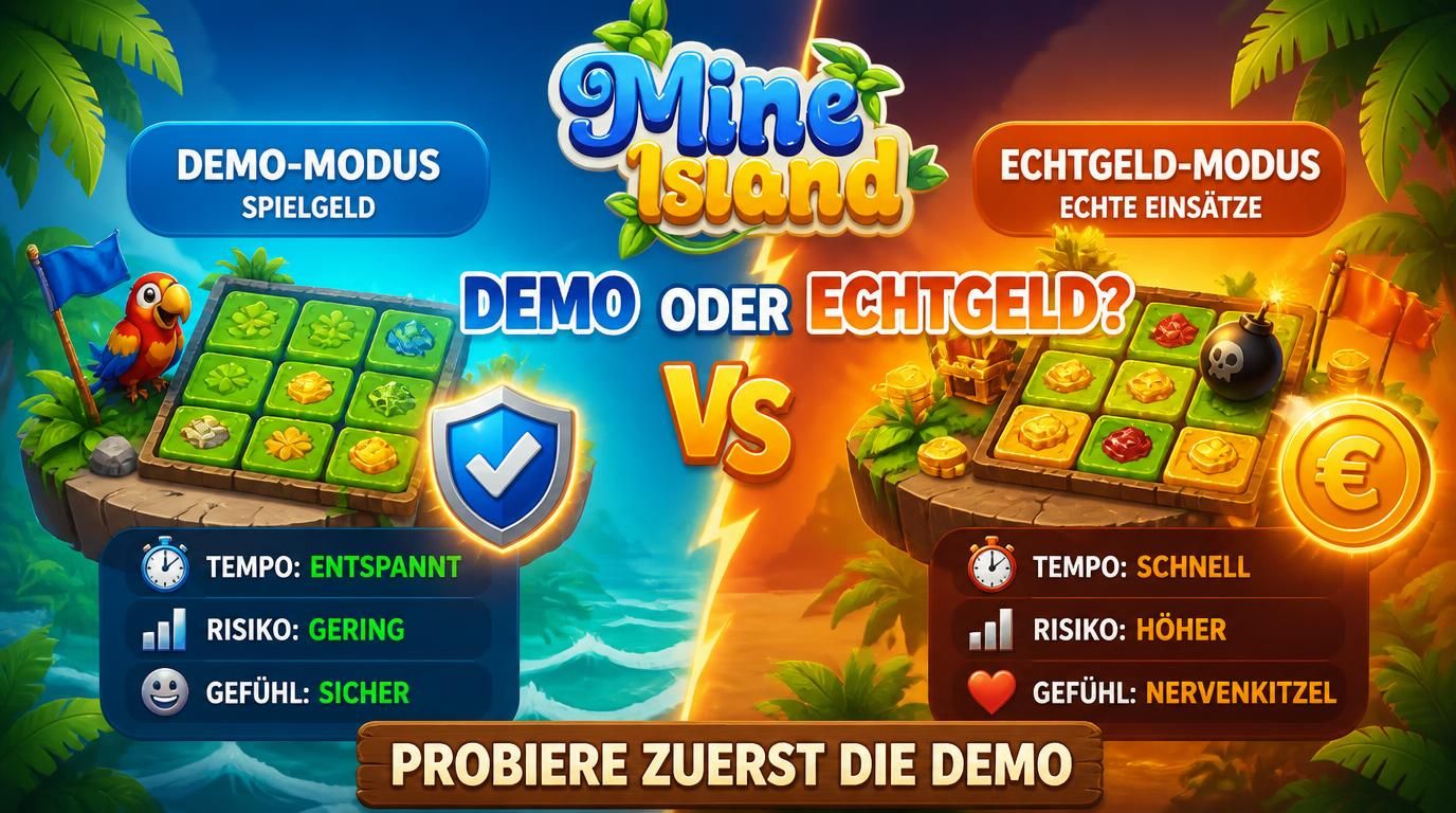 Bild stellt Demo-Modus und Echtgeldmodus gegenüber und betont sichere Testphase
